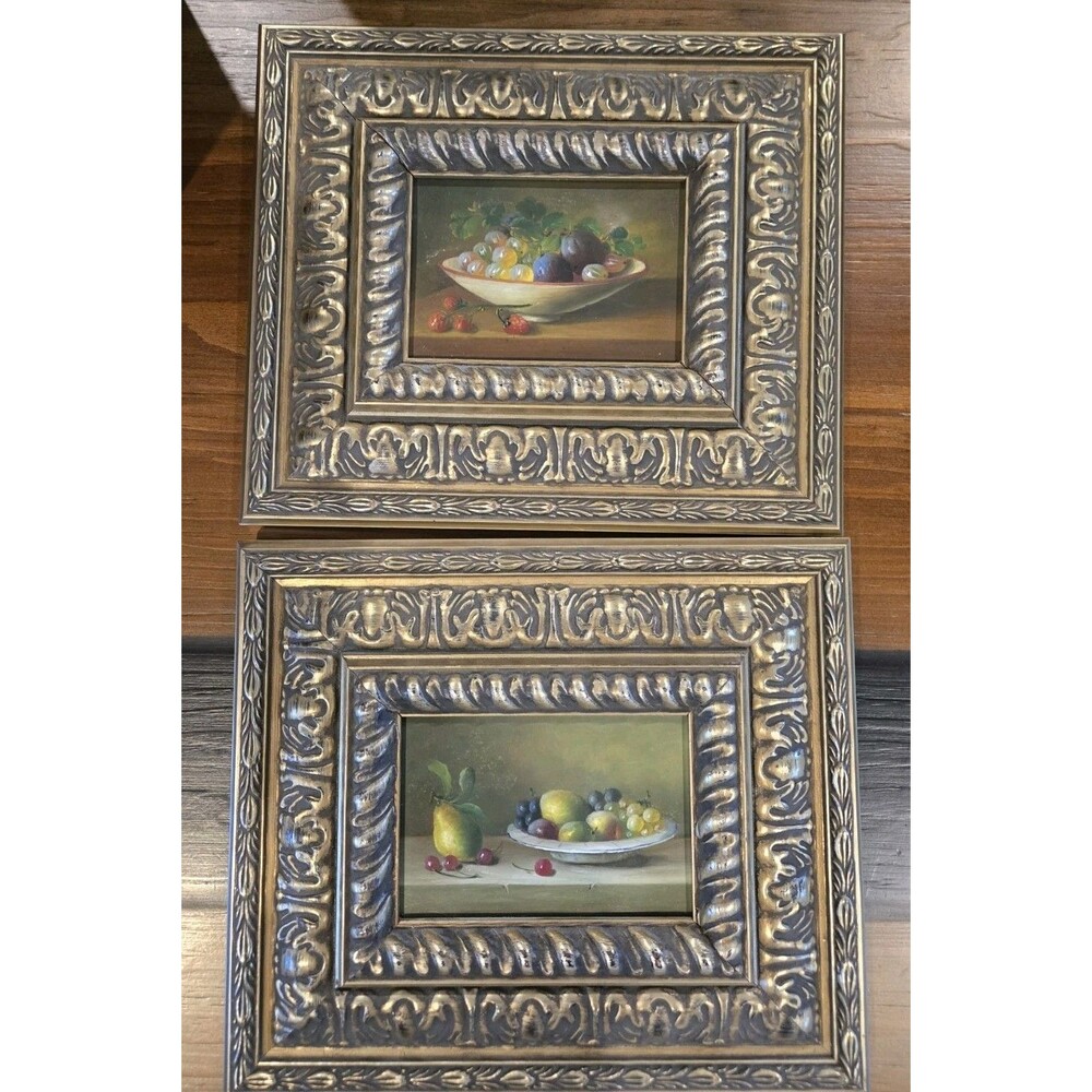 S/2 oil canvas 4x6 still life paintings fruit heavily ornate gilt frames 12x14